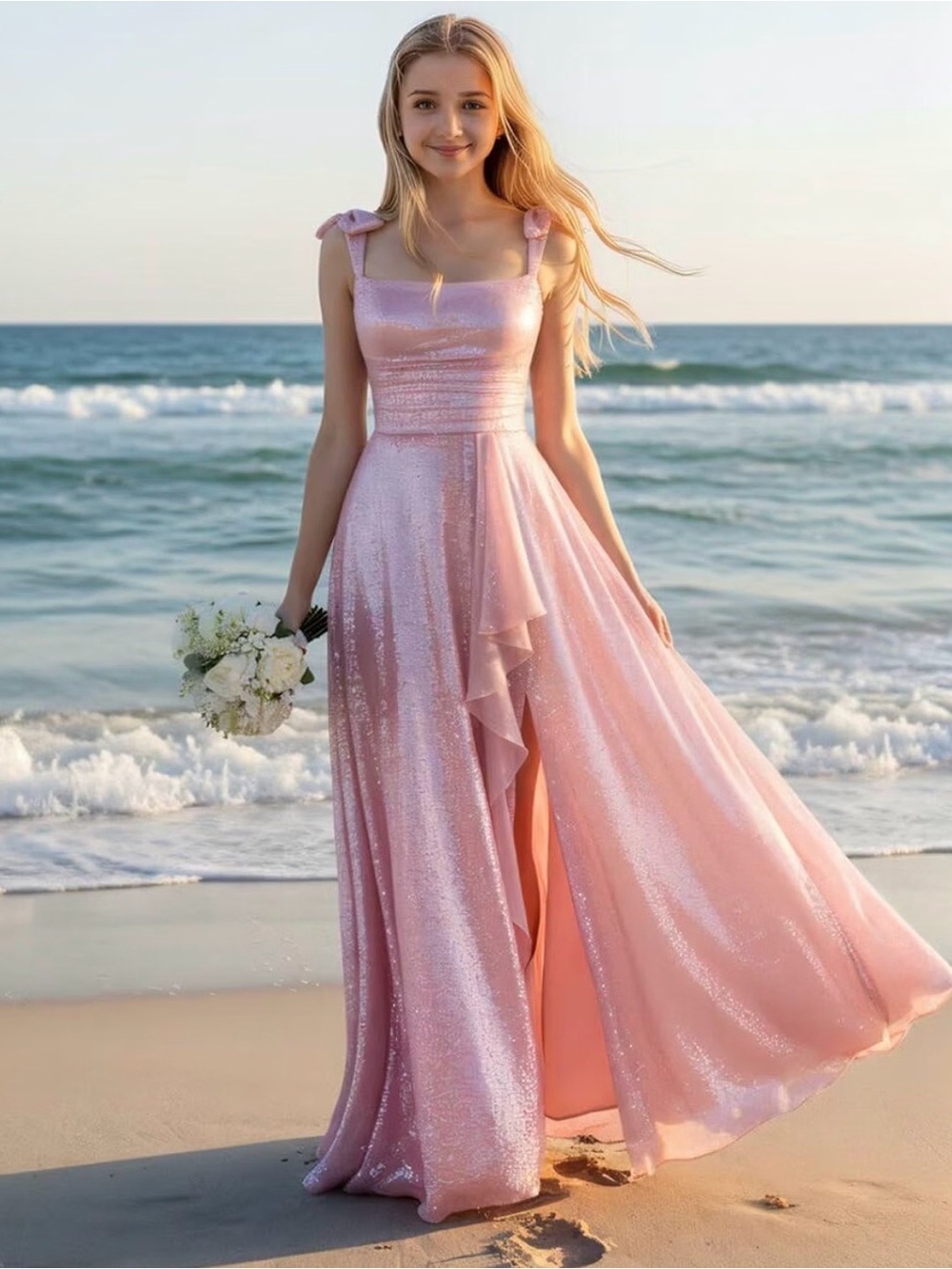 NEW Sparkle Sequin Pink Tie-Shoulder Gown
